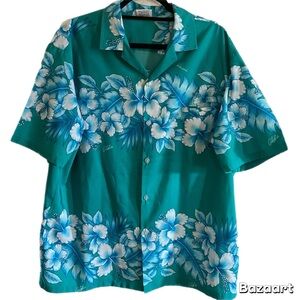 Men's Vintage Kalena Fashions of Hawaii Shirt Turquoise Blue White Floral XL
